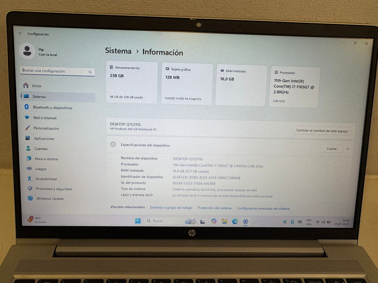 HP Probook 440 G8 i7 11th 16gb ram 256gb m2 (Reacondicionado)