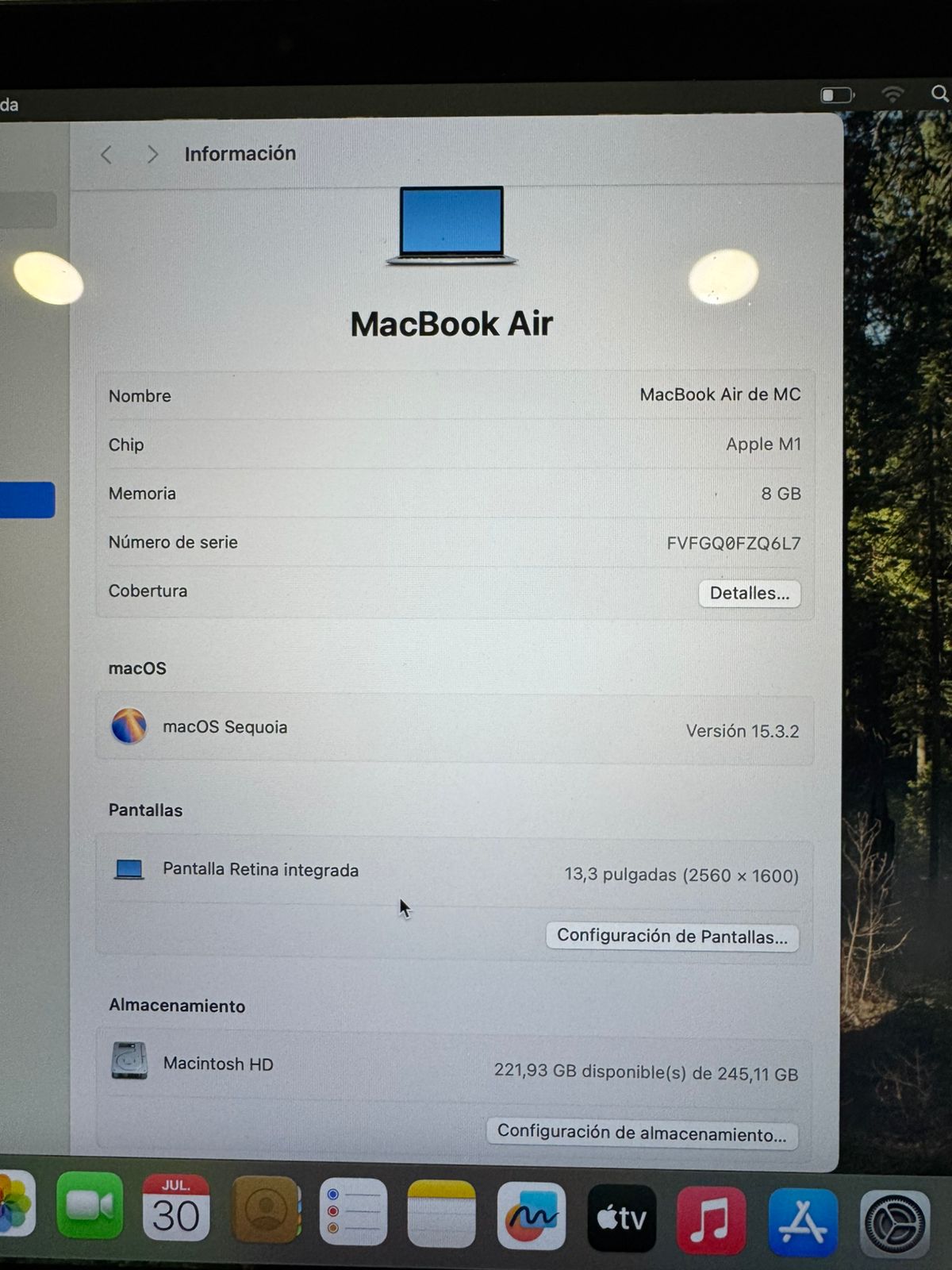 Macbook Air 13.3 pulgadas 2020 M1 8gb ram 256gb (Reacondicionado)